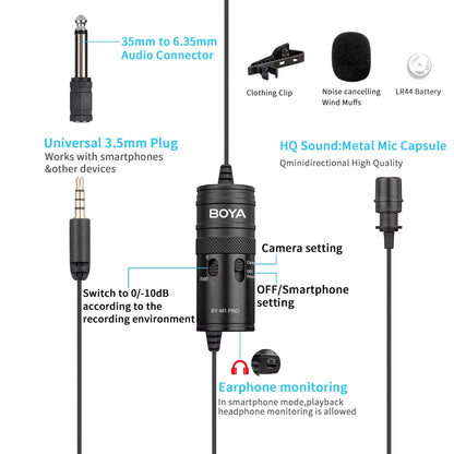 BOYA BY-M1 Pro II Lavalier Microphone – 3.5mm TRRS | Smartphone, PC & Camera Compatible